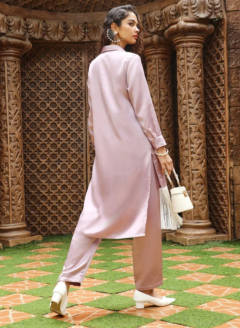 Qissa  Women's Nude Pink Fringed Block Kurta With Trousers For Casual Wear | Spread Collar | Long Sleeve | 2 Piece Kurta Set Designed With Comfort Fit For Everyday Ethnic Wear for Women | Best Price UAE